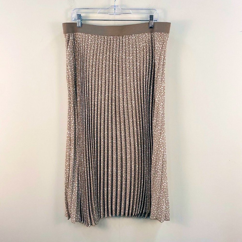 Vince Camuto Trendy Elastic Waist Pleated Midi Skirt Tan White Polka Dot Medium